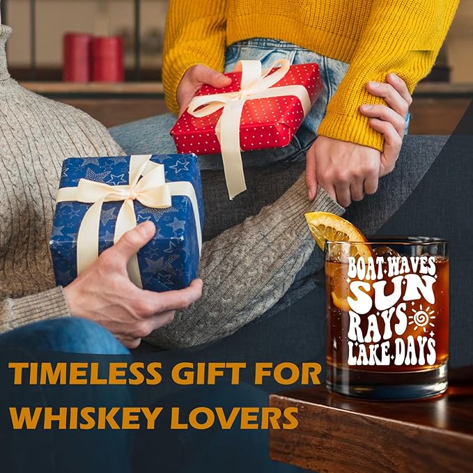 kunlisa Lake House Gifts Whiskey Glasses, Lake Lovers Gifts, Boat Waves Sun Rays Lakes Days 10 oz Drinking Rocks Glasses for Women Men Whisky Cocktail Scotch Bourbon Liquor
