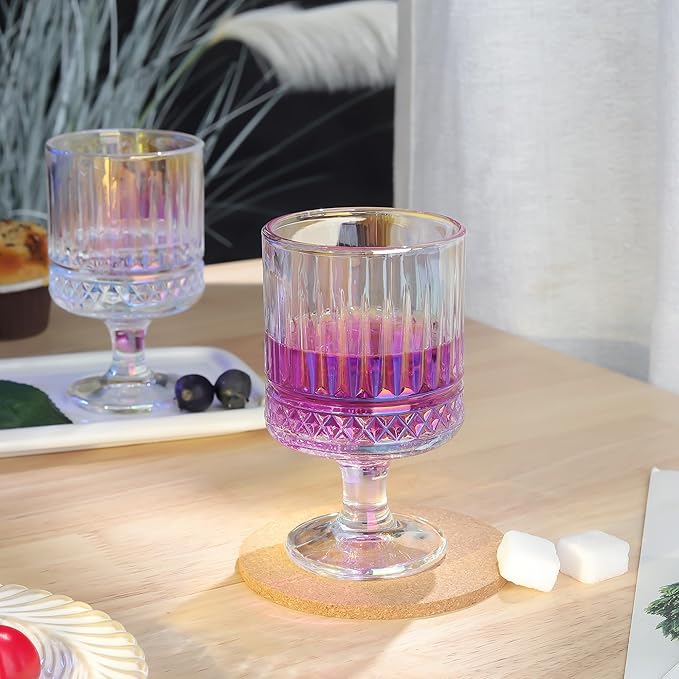 Joeyan Vintage Iridescent Wine Glasses,Embossed Water Goblet Glasses with Diamond Patterns,Rainbow Decorative Striped Stemmed Glass Tumbler Cups,Glassware for Party Wedding Anniversary,7 oz,4 pcs