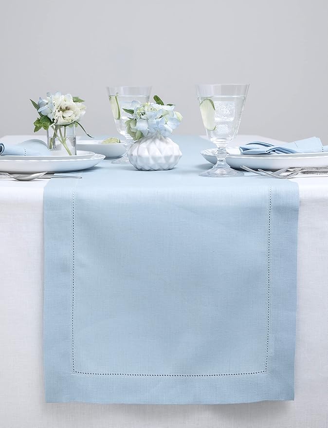 Solino Home Linen Sky Blue Table Runner 132 Inches Long - 100% Pure Linen Extra Long Table Runner 14 x 132 Inch for New Year - Classic Hemstitch