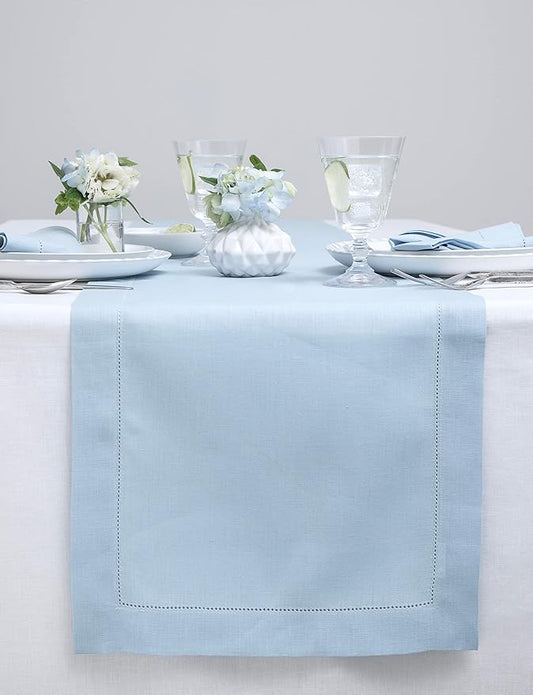 Solino Home Linen Sky Blue Table Runner 48 Inches - Classic Hemstitch, 100% Pure Linen Coffee Table Runner 14 x 48 Inch Ideal for Dresser Tables - Holiday, New Year