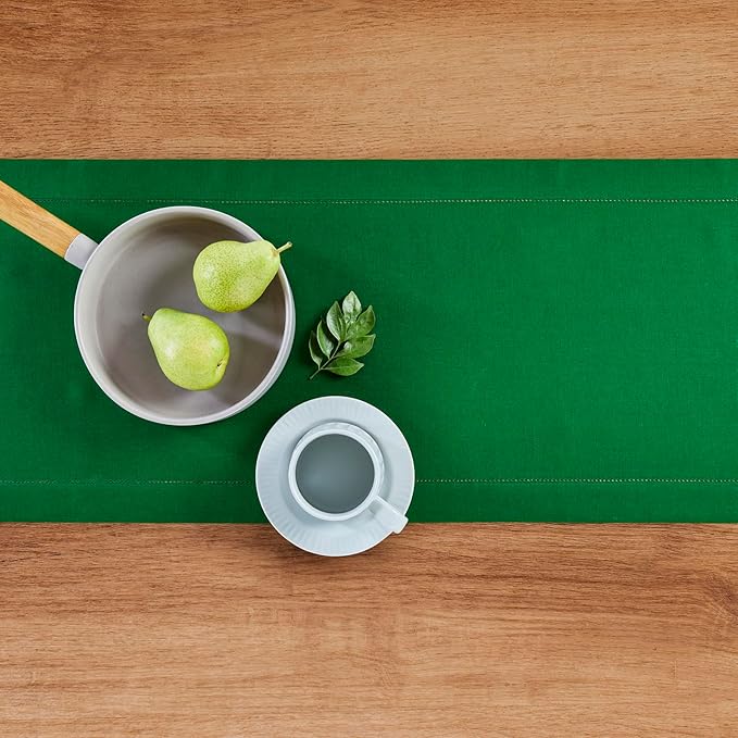 Solino Home Linen Garden Green Table Runner 144 Inches Long - 100% Pure Linen Extra Long Table Runner 14 x 144 Inch for Winter, New Year - Classic Hemstitch