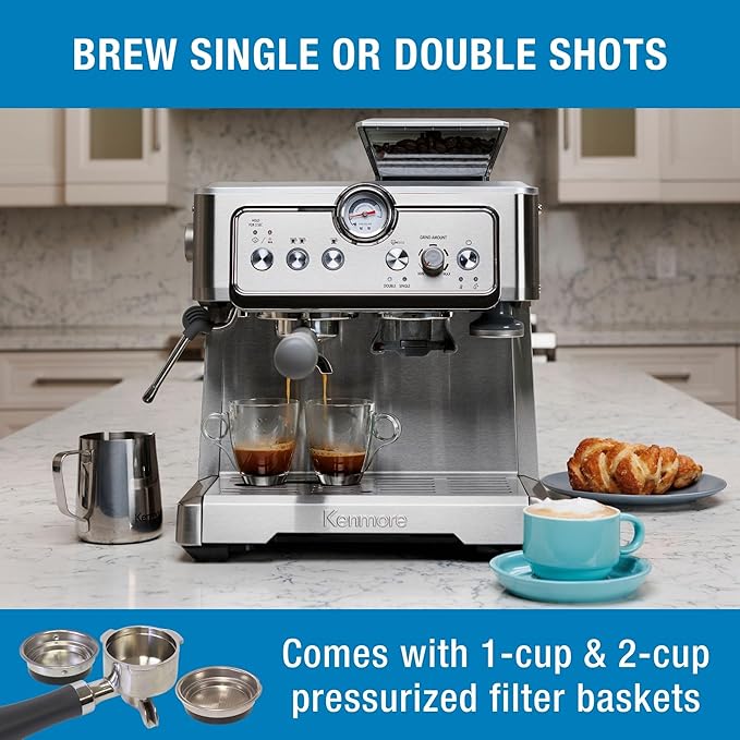 Kenmore Espresso Machine – Automatic Coffee Maker with Manual Tamper, Auto Cleaning, Milk Steamer & Frother, Bean Grinder, Brew Professional Barista Style Cappuccino, Café Latte