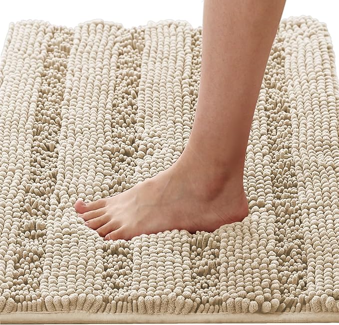 H.VERSAILTEX Bath Mats for Bathroom Non Slip Thick Chenille Striped Bath Rug Absorbent Fluffy Soft Shaggy Rugs Washable Dry Fast Plush Mats for Indoor, Bath Room, Tub - 17" x 24", Fog