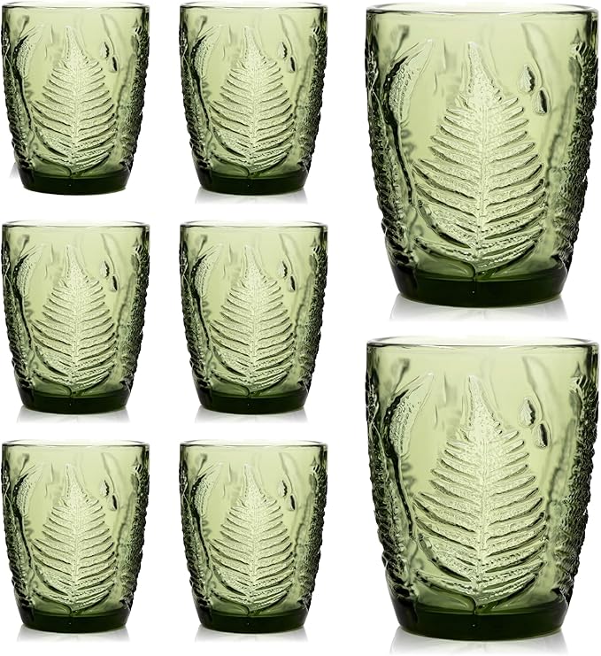Vintage Green Drinking Glasses Set of 8 – 10 oz Embossed Textured Glass Cups, Retro Style Colored Drinkware for Water & Cocktails, Durable Decorative Kitchen Glassware, Unique and Cute Hostess Gift