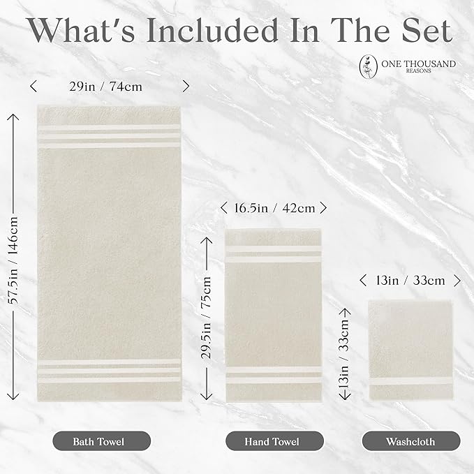 Premium Staple Cotton Bathroom Towel Set - Beige 600 GSM 6-Piece Luxury Bath Towel Set 3 Stripe - 2 Bath Towels, 2 Hand Towels & 2 Washclothes Set - High Absorbent & Quick Dry for Gym, Spa, Hotel