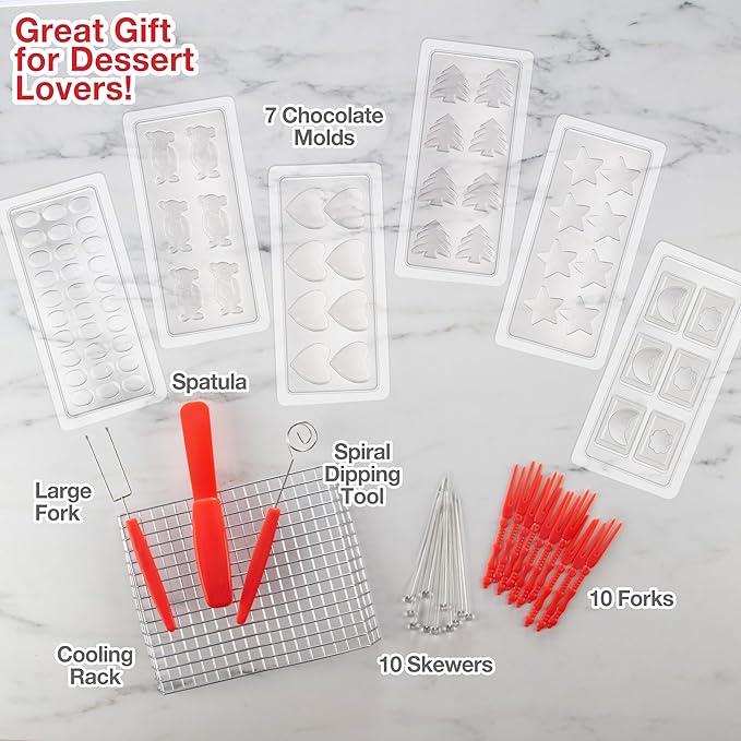 Electric Chocolate Melting Pot Set- XMAS Candy Bar Making or Fondue Fountain Kit w/ 30 Bonus Accessories-Dip, Drizzle & Decorate Strawberries, Marshmallows, Snacks- Holiday Party Appetizers Desserts