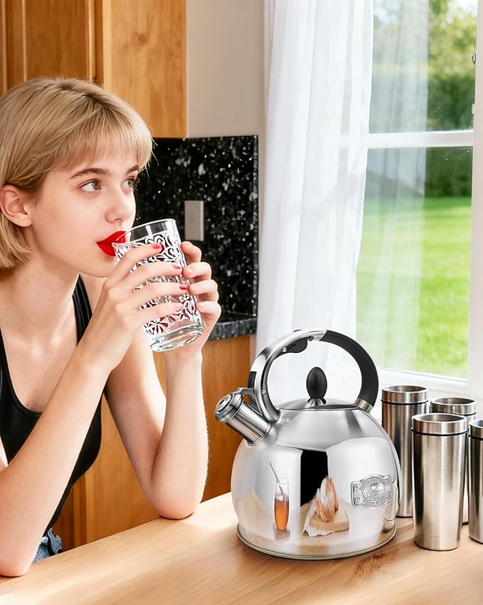 Whistling Tea Kettle for Stovetop, (2.64 Quart-Mirror） Food Grade Stainless Steel Teapot of 5-layer base