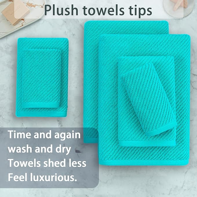Turquoise Bath Towel with Hanging Loop - 100% Cotton, Soft, Quick Dry, Lightweight, Towel Set of 6, 2 Large Bath 30"x56", 2 Thick Hand 18"x28", 2 Absorb Washcloths 13"x13", Luxury Gift Set