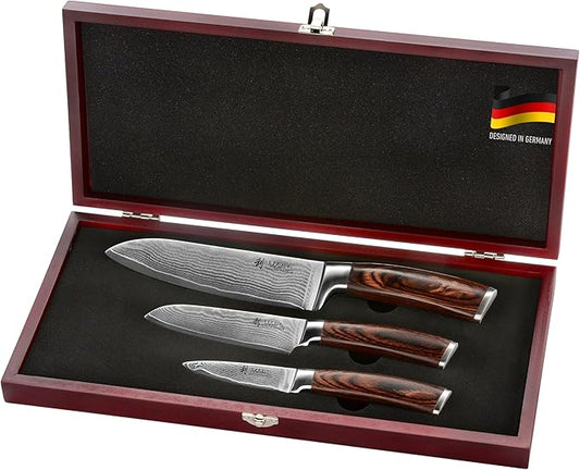 Wakoli EDIB 3-Piece Damascus Kitchen Knife Set in Wooden Gift Box – Sharp Knives Set made of Genuine Damascus Steel (VG10 Core) – Santoku, Small Santoku & Paring Knife – Ergonomic Pakkawood Handles