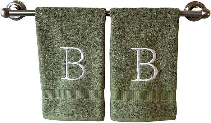 Sage Initial Hand Towel for Bathroom - Monogrammed Luxury Hotel Quality Decorative Embroidered Towel for Powder Room, Spa - GOTS Organic Certified - Set of 2 Letter B