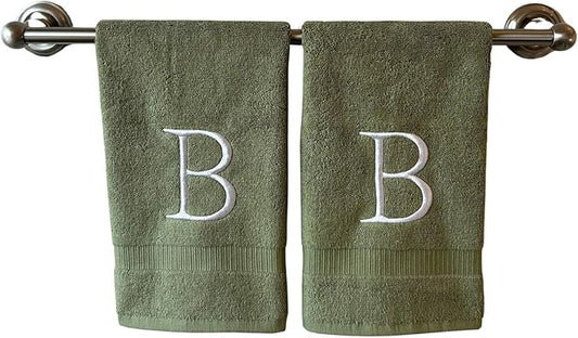 Sage Initial Hand Towel for Bathroom - Monogrammed Luxury Hotel Quality Decorative Embroidered Towel for Powder Room, Spa - GOTS Organic Certified - Set of 2 Letter B