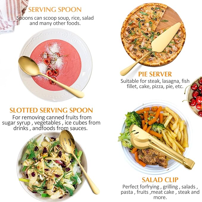 Serving Utensils Fine Include Large Serving Spoons Slotted Serving Spoons Serving Forks Serving Tongs Soup Ladle and Pie Server Buffet Catering Serving Utensils for Dishwasher Safe (Gold, 12)