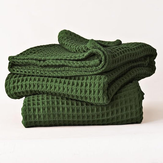 Premium Waffle Bath Towels Pack of 2 Extra Large 35x71 inch - 100% Turkish Cotton, Waffle Weave, Quick Dry, Lint Free, Oversized, Thin Bath Sheet Towel (Dark Green, Set of 2 Bath Towels)