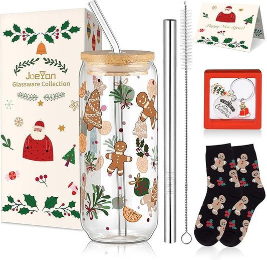 Joeyan Christmas Glass Cups with Lids and Straws,Cute Xmas Gingerbread Man Tumbler Iced Coffee Glass with Keychain and Socks,Drinking Glasses with Leaves Patterns,Decorations Gift For Women,20oz