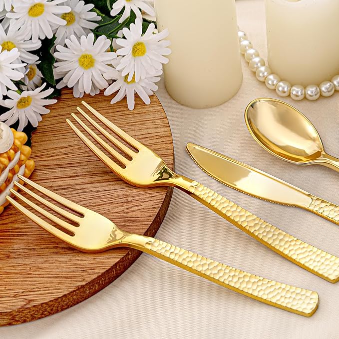 KIRE 400PCS Gold Plastic Silverware - Extra Heavy Duty Hammered Silverware Disposable Set, Gold Utensils Set Include 200 Forks,100 Knives,100 Spoons for Thanksgiving Party, Wedding