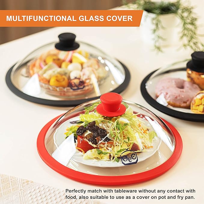 OEC Vented Splatter Guard Microwave Glass Cover for Food with Easy-Grip Handle, 11.7 inch Diameter, 100% Food Grade Tempered Glass & BPA Free Silicone Rim with Steam Vent, Dishwasher Safe