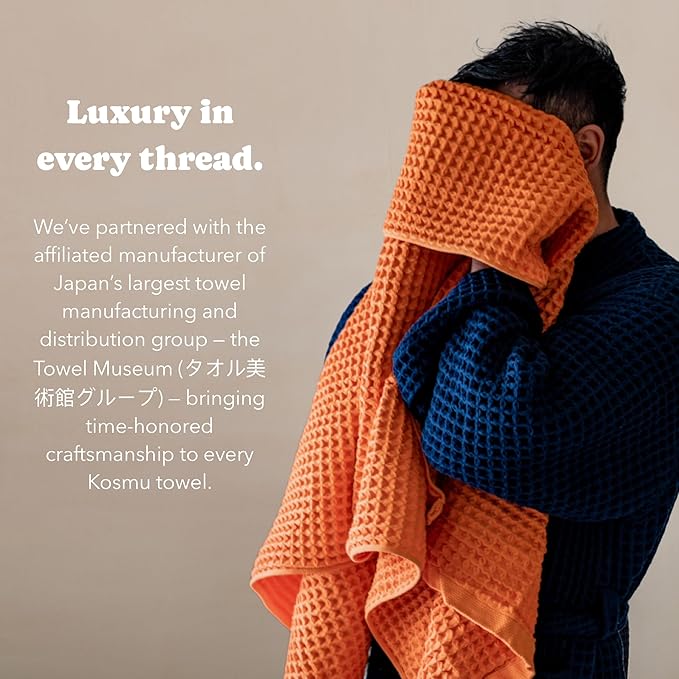 Luxury Organic Japanese Cotton Waffle Bath Towel | Thick, Absorbent, Quick Dry Bathroom Towels for Shower, Sauna, Onsen| Hotel & Spa Quality, Gift-Ready (Coral Orange, Complete Set (4-Piece))