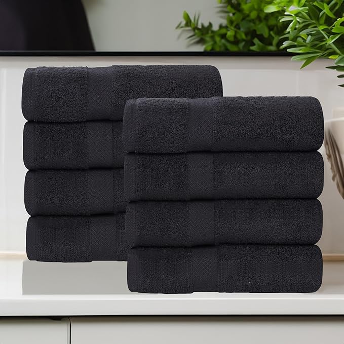 Superior 8-Piece Cotton Hand Towel Set, Small Towels for Fast Dry, Home Essentials, Bathroom Decor, Face, Body, Spa, Resort, Gym, Lightweight, Soft, House Accessories, Franklin Collection, Black