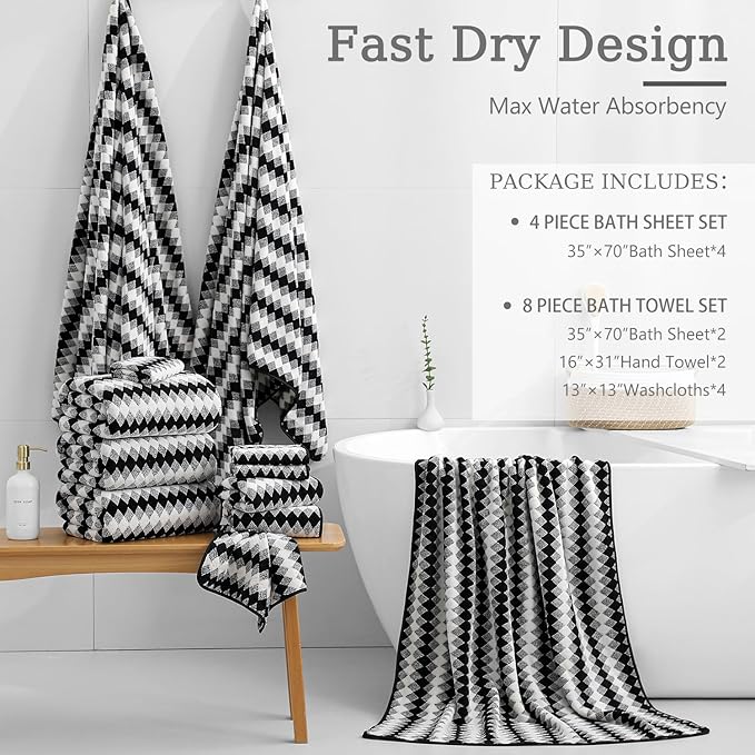 4 Piece Bath Towel Black Oversized Bath Sheet 35"x70" Bathroom Towel Extra Large Bath Towel Set Soft Highly Absorbent & Quick Dry Premium Towel Set for Bathroom 600GSM Shower Towel Spa Gym Hotel