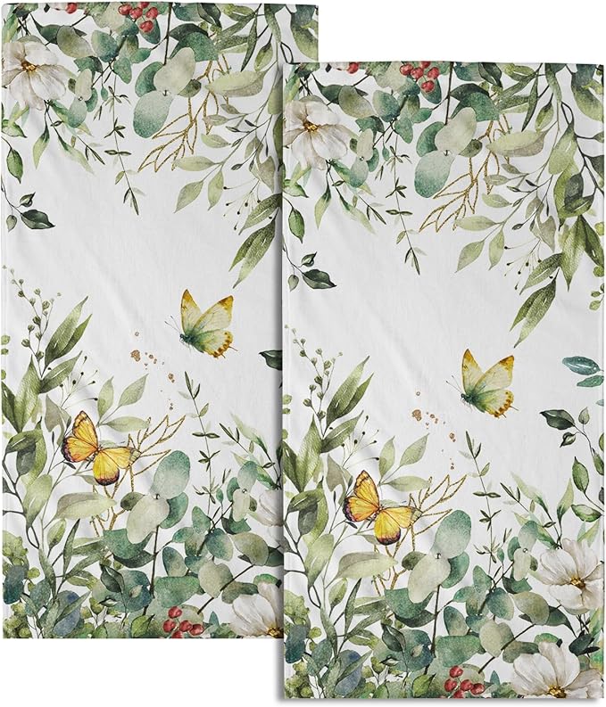 Sage Green Leaves Hand Towels for Bathroom Set of 2 Spring Green Floral Bath Towels 14X28 Inch Spring Kitchen Towels Soft Absorbent Decorative Quick Drying Fingertip Towels for Shower Face Gym Spa