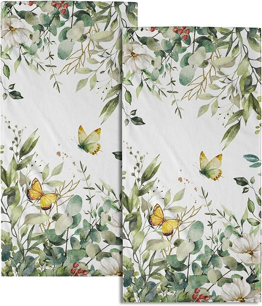 Sage Green Leaves Hand Towels for Bathroom Set of 2 Spring Green Floral Bath Towels 14X28 Inch Spring Kitchen Towels Soft Absorbent Decorative Quick Drying Fingertip Towels for Shower Face Gym Spa