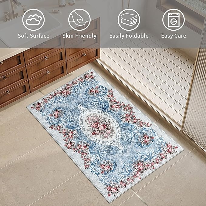 Easy-Going Floral Area Rug 2x3 Washable Entryway Rugs Front Door Mat Indoor Entrance Non-Slip Retro Flowers Small Entry Rug for Living Room Bedroom Kitchen Bathroom Office Lightweight Carpet, Teal Red