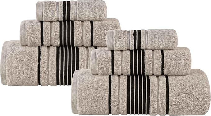 Superior Cotton 6 Piece Towel Set, 2 Bath, 2 Hand, 2 Washcloth/Face Towels, Quick Dry, Home Essentials, Shower, Spa, Luxury Plush Soft Absorbent Towels, Zero-Twist, Solid, Sadie Collection, Stone