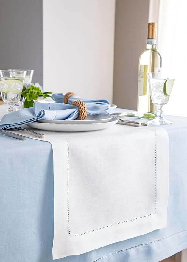 Solino Home Linen White Table Runner 132 Inches Long - 100% Pure Linen Extra Long Table Runner 14 x 132 Inch for Holiday, Valentines, New Year - Classic Hemstitch
