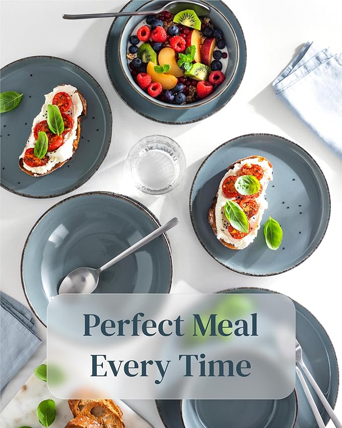 Stoneware dinnerware set 4 persons Rustic 12 pcs - Rustic design dinnerware set, dishwasher safe - Bowl and plate set - Pure Living dinnerware in smoky blue…