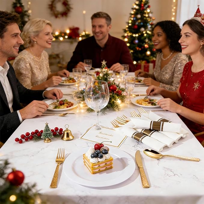 WELLIFE 50 Pack Gold Plastic Silverware with Pre Rolled Napkins,Hammer Pattern Design,Plastic Cutlery Includes: 50 Forks,50 Knives,50 Spoons,50 Napkins,Gold Silverware Disposable for Christmas