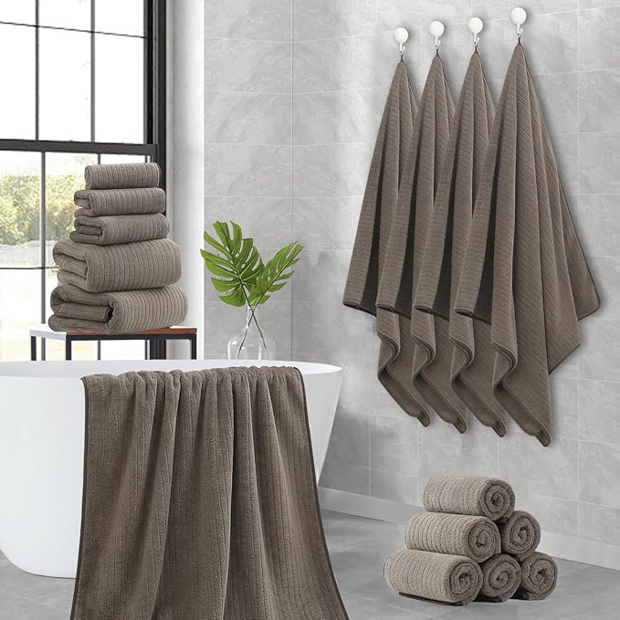 18 Piece Family Bath Towel Set Include 6 Bath Towels,6 Hand Towels and 6 Washcloths Soft Bathroom Towel with Hanging Loops,Highly Absorbent Quick Dry Towels Set for Bathroom,Hotel and Spa-Brown