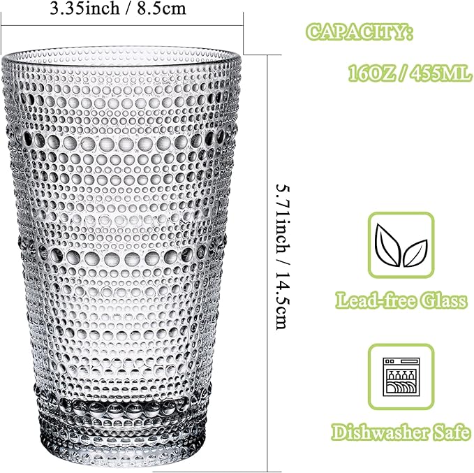 16oz Hobnail Highball Glasses[Set of 4] - Tall Water Glass Cup Glassware Set Fits New Home of Newlyweds, Dishwasher Safe, Stackable Design