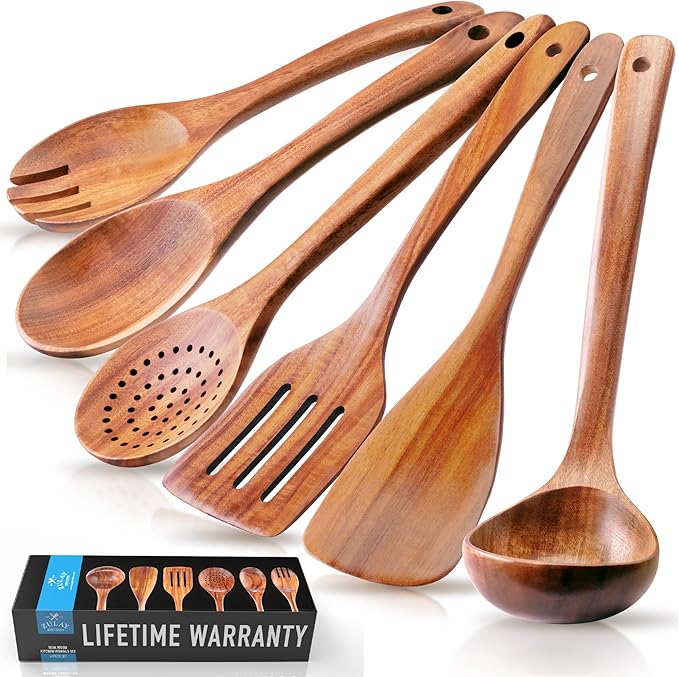 Zulay Kitchen Extra-Large 6-Piece Wooden Spoon Set - Smooth Teak Cooking Utensils - Comfort-Grip Non-Stick Turner, Spatula, Skimmer, Fork, Serving Spoon