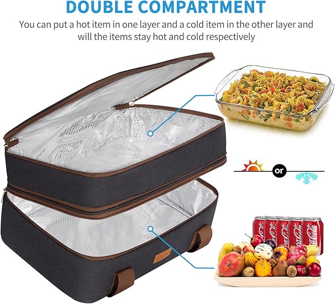 LHZK Double Decker Insulated Casserole Carrier for Hot or Cold Food, Expandable Hot Food Carrier, Lasagna Holder Tote for Potluck Parties, Picnic, Beach, Fits 11 x 15 or 9 x 13 Baking Dish (Black)