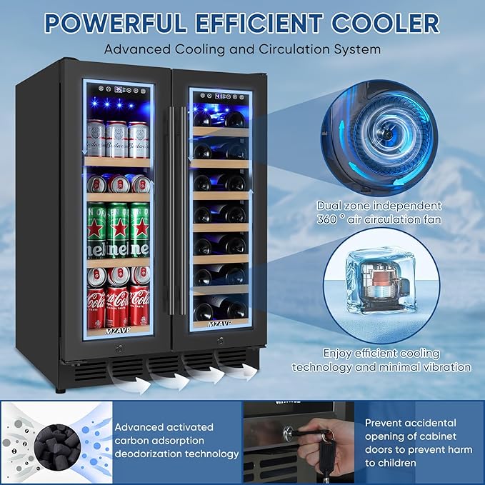 Wine and Beverage Refrigerator 24", Upgraded Dual Zone Wine Beverage Cooler with Glass Door and French Door, Large Capacity Beer Fridge Holds 21 Bottles & 88 Cans, Built-In or Freestanding - Black