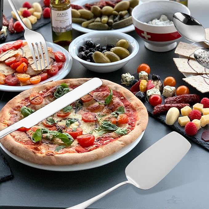 Serving Utensil Set 11-Piece Stainless Steel Modern Flatware Server All Metal Kitchen Cooking Tools Solid Spoon Slotted Ladle Skimmer Pasta Server Cake Knife Cutter Spatula Turner