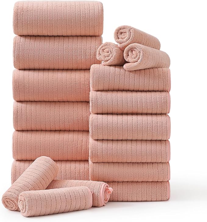 18 Piece Family Bath Towel Set Include 6 Bath Towels,6 Hand Towels and 6 Washcloths Soft Bathroom Towel with Hanging Loops,Highly Absorbent Quick Dry Towels Set for Bathroom,Hotel and Spa-Orange