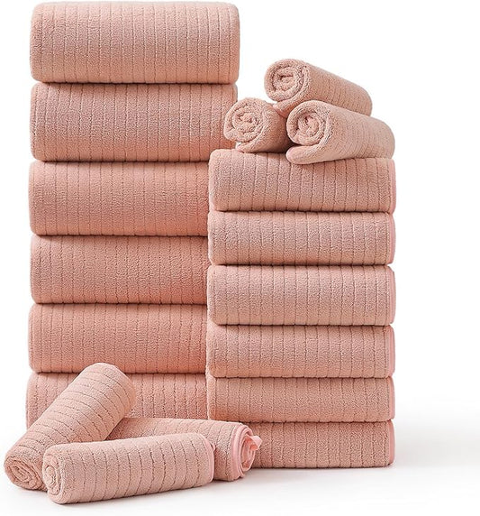 18 Piece Family Bath Towel Set Include 6 Bath Towels,6 Hand Towels and 6 Washcloths Soft Bathroom Towel with Hanging Loops,Highly Absorbent Quick Dry Towels Set for Bathroom,Hotel and Spa-Orange