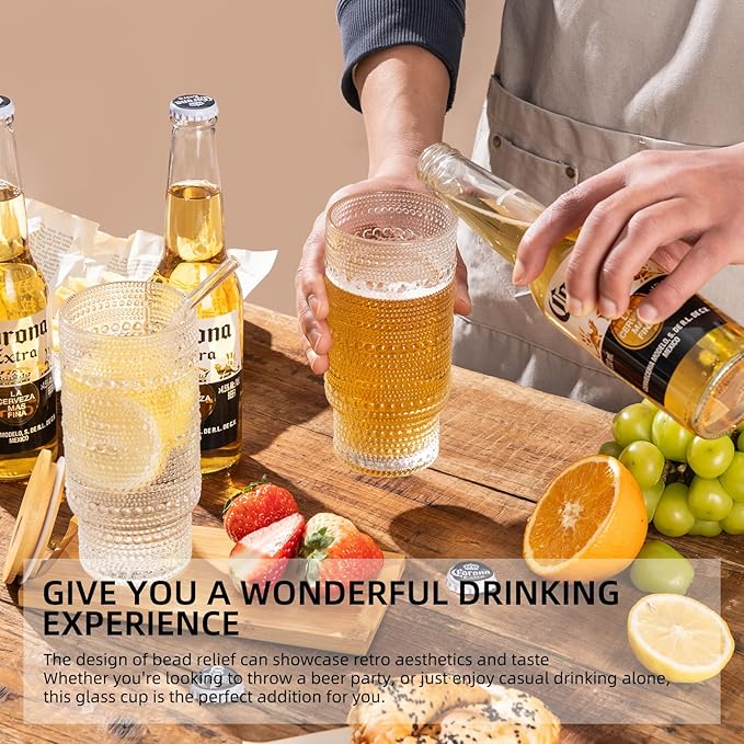 Drinking Glasses with Bamboo Lids and Glass Straw 4pcs Set,16oz Glass Tumbler Cups,Water Glasses,Iced Coffee Glasses,iced Tea Glasses,Beer Glasses,Ideal for Whiskey,2 Brushes