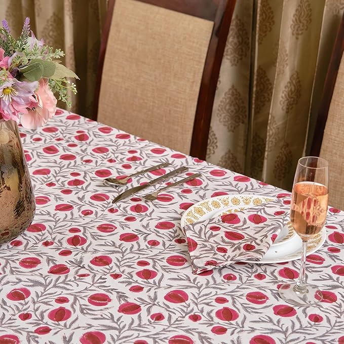 Ridhi -Sangria Red Cotton Tablecloth, Handblock Print Floral Table Cloth for Kitchen Dining Linen I Thanksgiving, Christmas, Wedding, Fall Décor 4 Seater 60x60 Inches Square