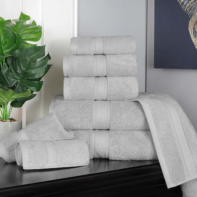 Superior Egyptian Cotton Pile 8 Piece Towel Set, Includes 2 Bath, 2 Hand, 4 Face Towels/Washcloths, Ultra Soft Luxury Towels, Thick Plush Essentials, Guest Bath, Spa, Hotel Bathroom, Silver