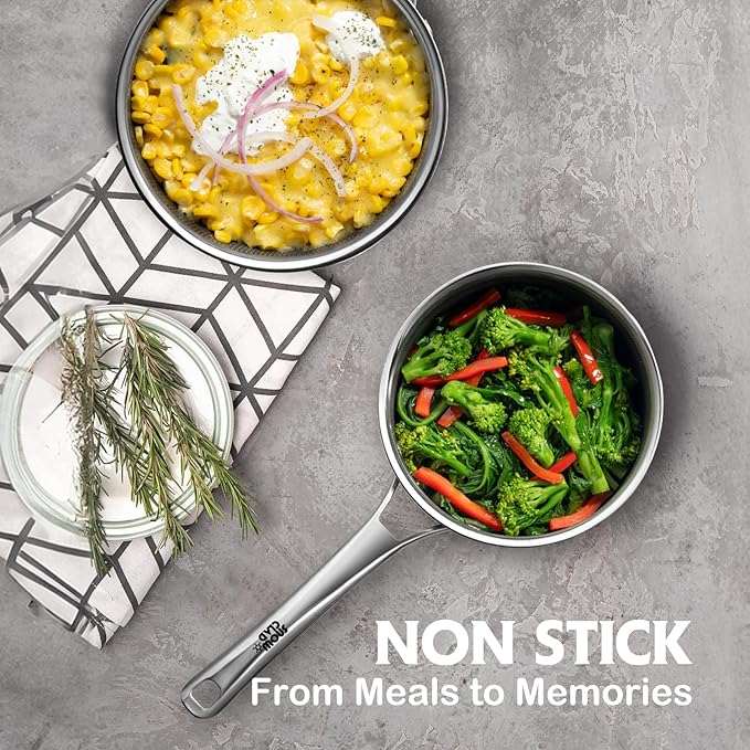 Sauce pan with lid,1.5 Quart & 2.5 Quart & 3.5 Quart Hybrid Nonstick Sauce pans set, Stainless Steel cookware,non stick Pots PFOA Free,Works on Induction,Ceramic and Gas Cooktops