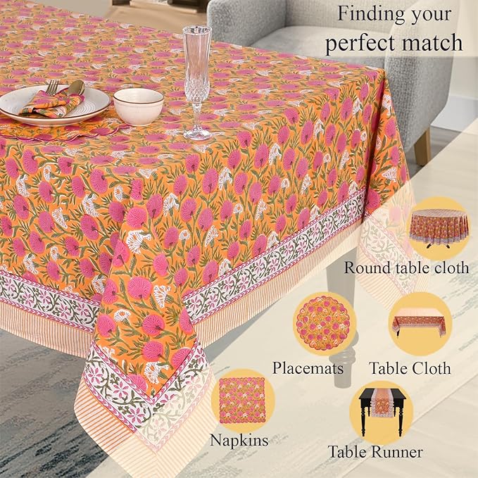 Ridhi Bubblegum Pink Hand Block Print Cotton Rectangle Tablecloth 190" x 72" inches Reusable Table Cover Decorative Everyday Use for Dining, Farmhouse, Home, Party, Festive, Wedding, Fall