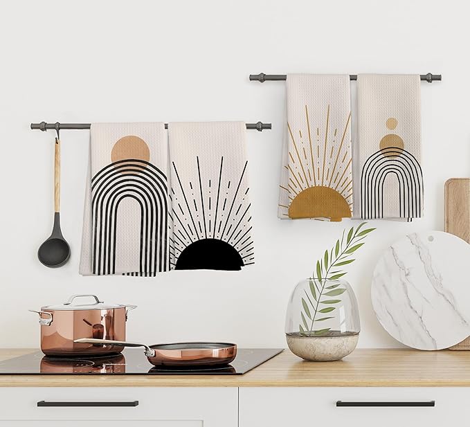 Boho Abstract Kitchen Towels and Dishcloths Set of 4, Mid Century Modern Decor Hand Towels, Boho Abstract Minimalist Sunshine Drying Cloth Hand Dish Tea Towel for Bathroom Kitchen, 16x24 Inches