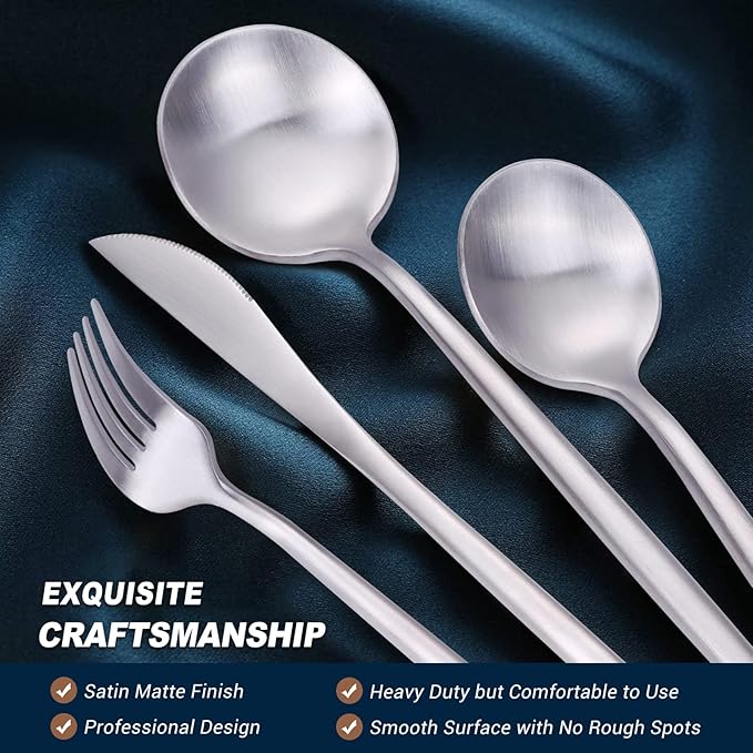 EUIRIO 48-Piece Matte Silverware Set with Steak Knives, Flatware Set for 8, Stainless Steel Forks and Spoons Silverware Sets, Satin Finish, Dishwasher Safe Cutlery Utensils Set