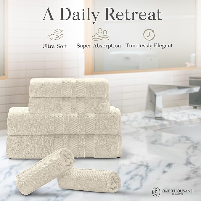 Premium Staple Cotton Bathroom Towel Set - Beige 600 GSM 6-Piece Luxury Bath Towel Set 3 Stripe - 2 Bath Towels, 2 Hand Towels & 2 Washclothes Set - High Absorbent & Quick Dry for Gym, Spa, Hotel