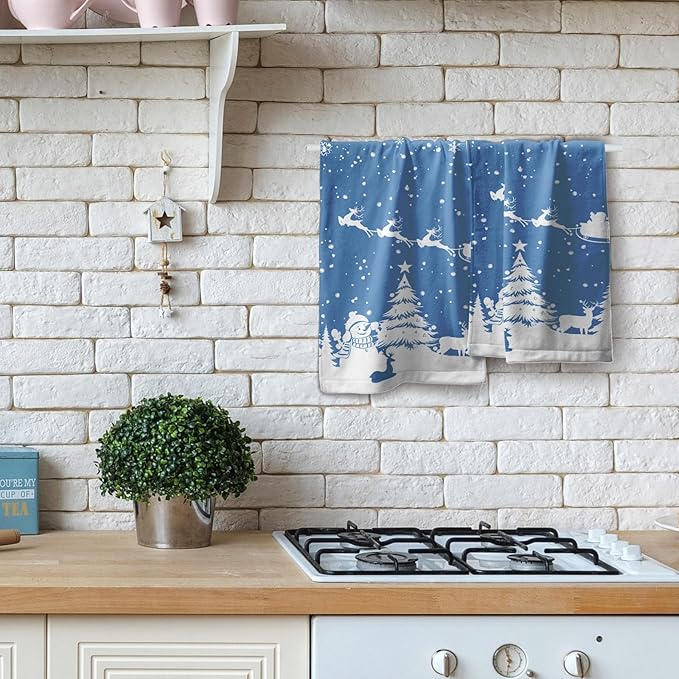 Imiss Snowman Xmas Tree Hand Towels Set of 2 - Christmas Elk Reindeer Bathroom Guest Towel 14.4 x 28.3 Inch Blue Decorative Snowflakes Washcloth for Winter Holiday Kitchen Gift