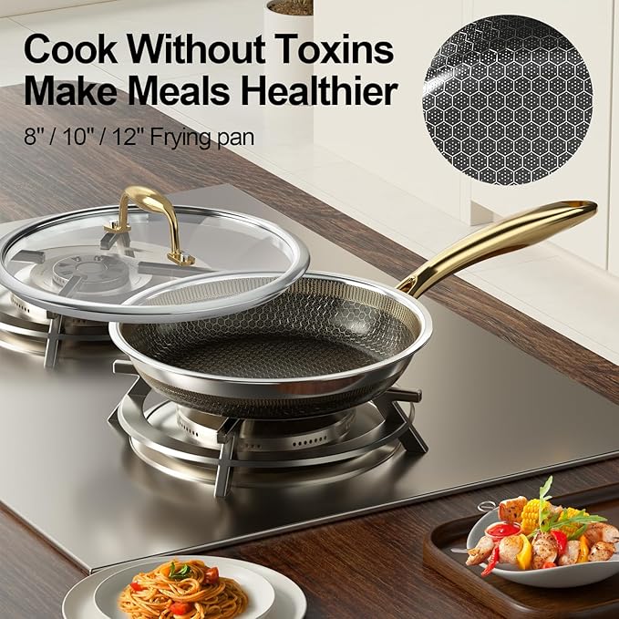 Fogdream 10“11” Stainless Steel Pan, Non Stick Frying Skillet with Lid, Tri-Ply Stainless Steel for All Cooktops, Dishwasher and Oven-Safe Cooking Pan, Stay-Cool Handle, Gold
