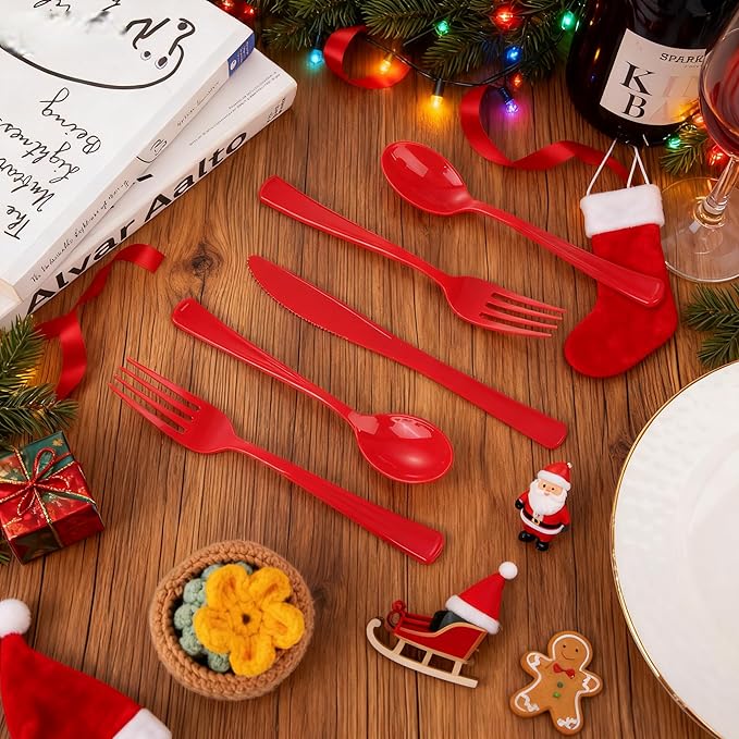 WDF 160 Piece Red Plastic Silverware - Heavy Duty Christmas Silverware of 80 Forks, 40 Spoons, 40 Knives - Red Plastic Utensils Perfect for Christmas Party & Daily Using