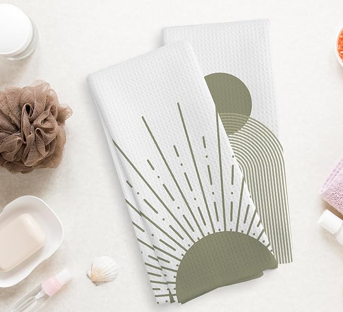 Boho Black Sun Sunrise Sunshine Rainbow Kitchen Towels and Dishcloths Sets of 2,Bohemian Absorbent Drying Cloth Hand Towels Tea Towels for Bathroom,Boho Gifts for Women Girls,16×24 inches (green)